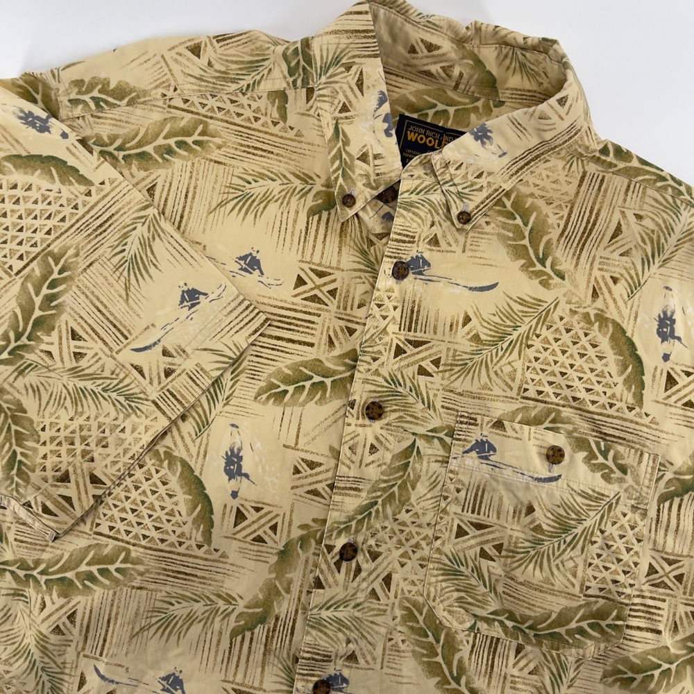 Woolrich Khaki Kayak Palm Tree Print Button Down Short Sleeve Mens Shirt Large